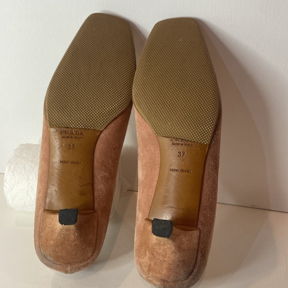 PRADA pale rose SUEDE kitten heel loafers squared toe W bow, 1.5” pumps 37 VGUC - Picture 8 of 16